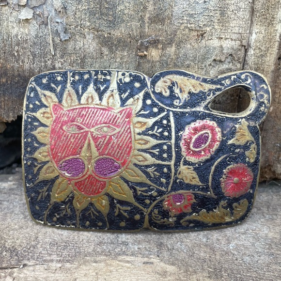 Vintage Handcast Brass Belt Buckle Boho Hippie Botanical & Lion Animal Figural - Picture 9 of 11